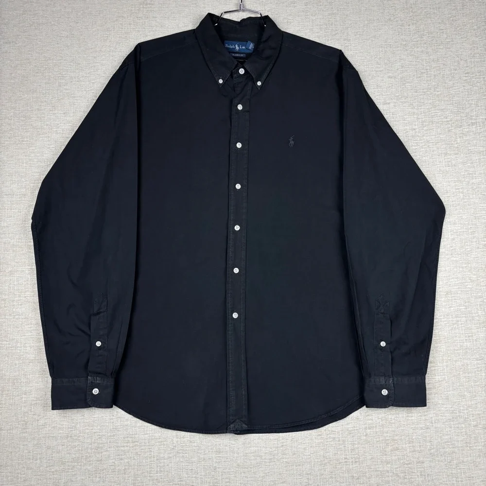 Polo Ralph Lauren Y2K Mens XXL Black Classic Cotton Button Down Long Sleeve